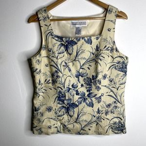 Vintage JESSICA HOWARD Linen Beaded Square Neck Tank Top Floral Ivory Blue 12